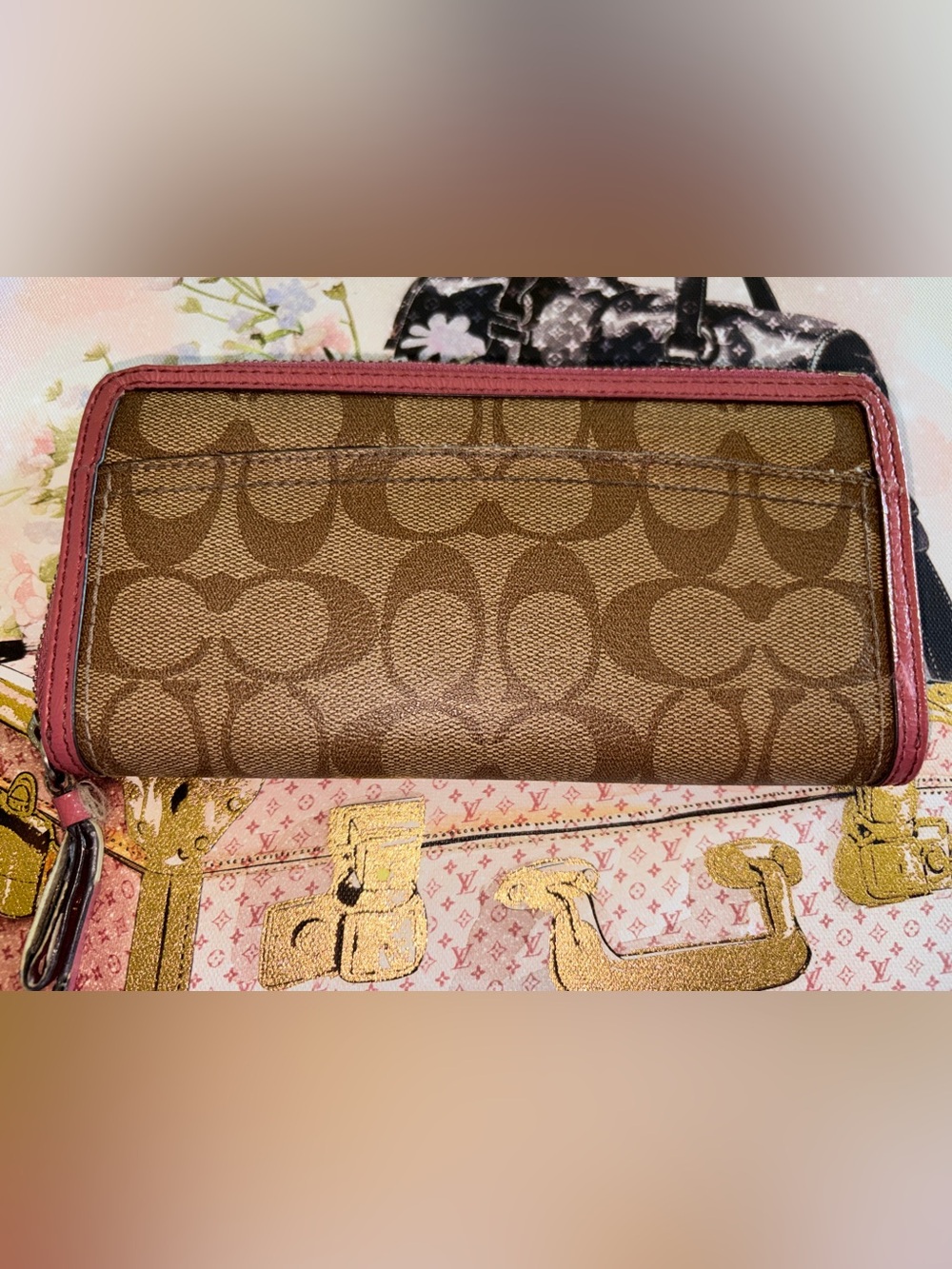 Coach Coated Canvas Tan Monogram Zip Closure Wallet with Pink Trim - Picture 6 of 12